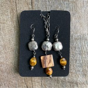 Earrings and Necklace- Tiger’s Eye, Hammered Sliver, and Mother of Pearl!